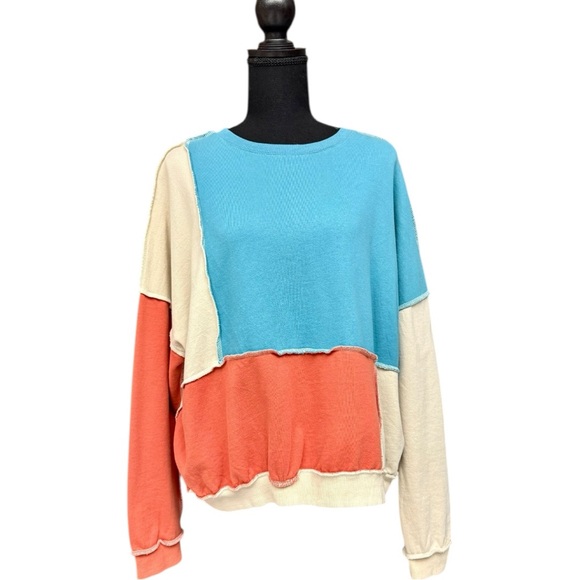 Easel Colorblock Crewneck Sweatshirt Blue Coral Cream Cotton Size Small EUC - Picture 4 of 9